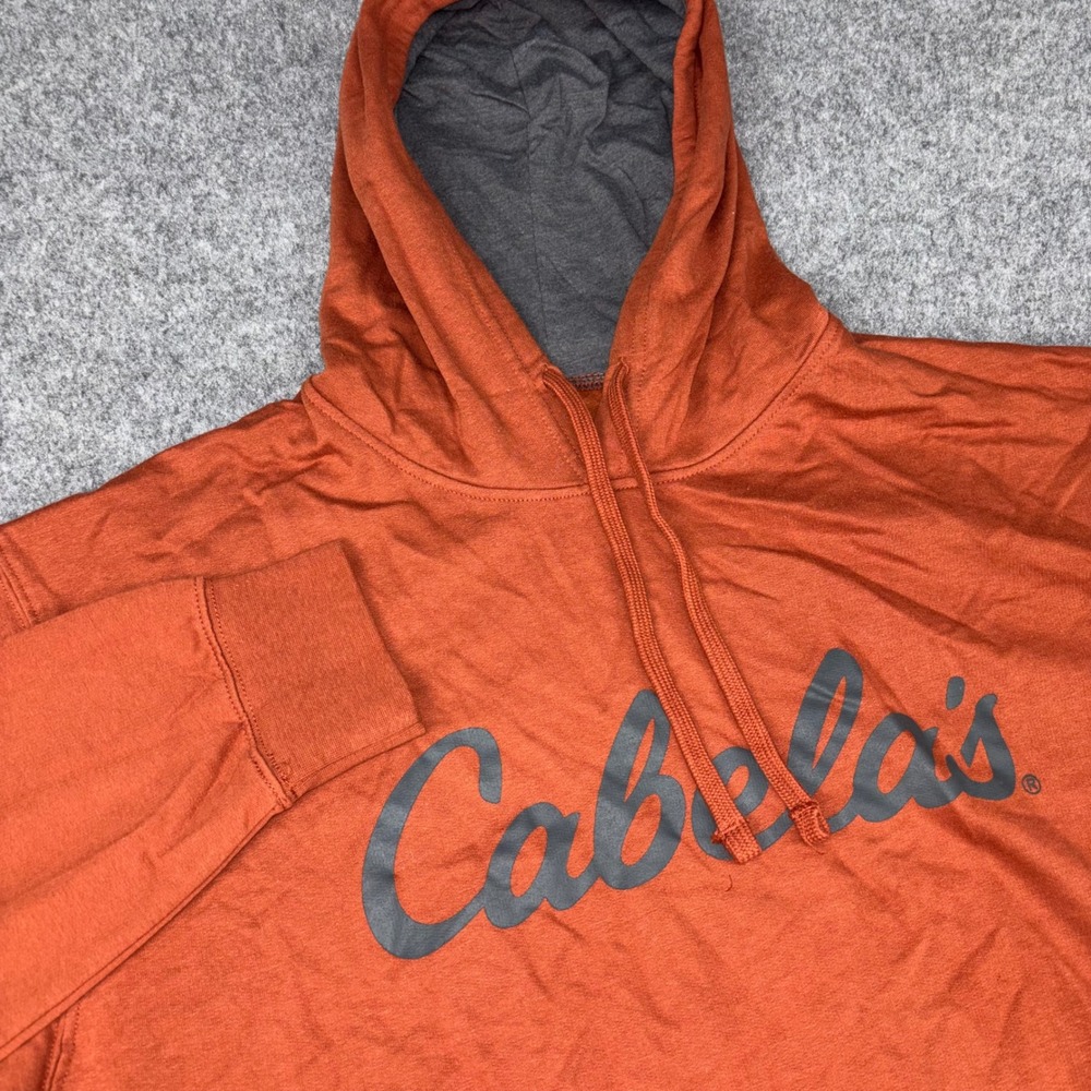 Cabelas Hoodie Mens Large Orange Pullover Sweatshirt Logo Graphic Outdoor Casual